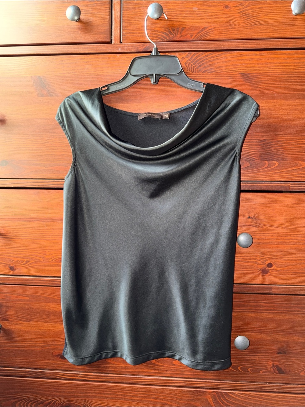 The Limited Black Satin Draped Neckline Cap Sleeve Blouse | Size XS